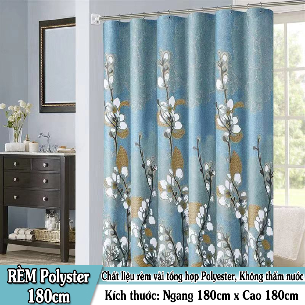 [HCM]Rèm phòng tắm / Rèm cửa sổ hoa đào trắng màu xanh đậm 180cm x 180cm Loại 1