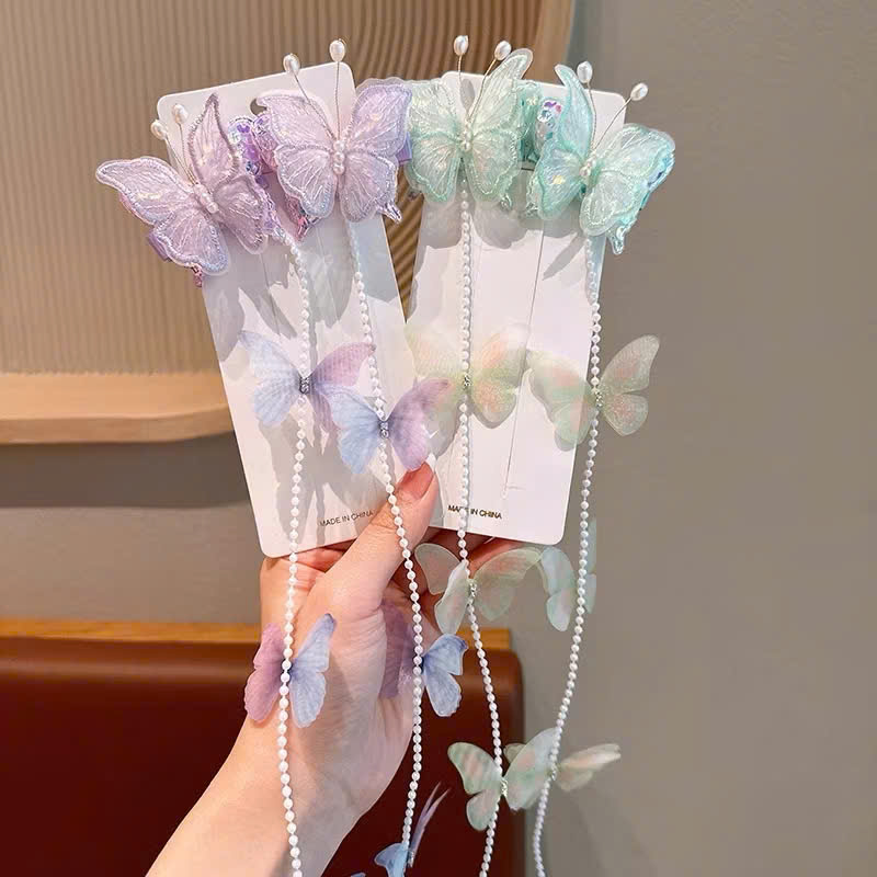 Set 2 kẹp tóc dây chuỗi ngọc bướm nhiều màu siêu cute cho bé