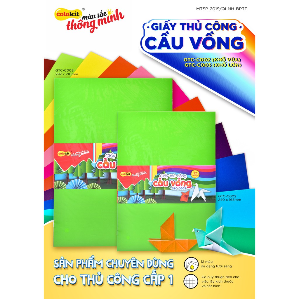 [HCM]Giấy Thủ Công Cầu Vòng Colokit (xấp 12 tờ/12 màu tươi sáng - định lượng 80g có ô ly vuông)