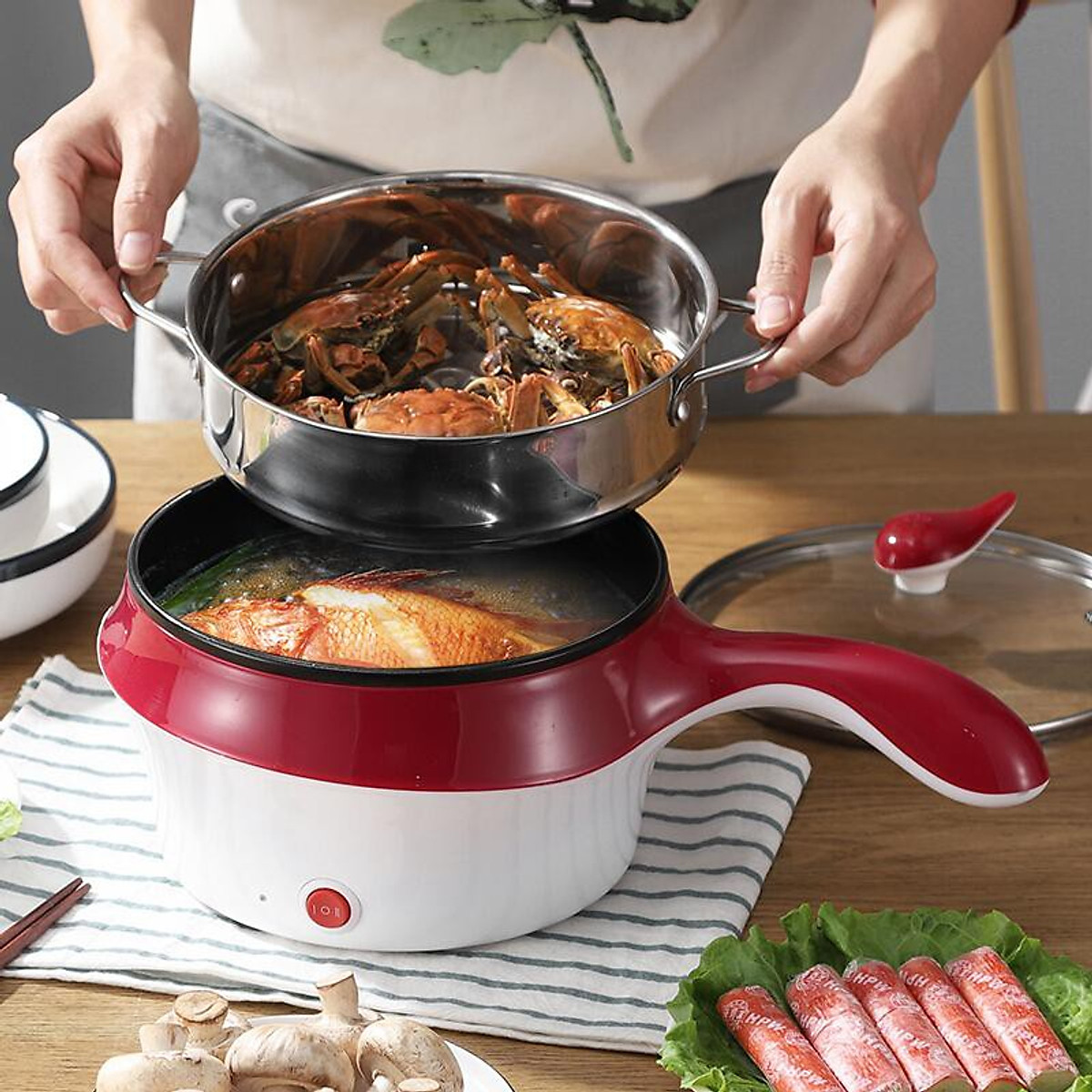 Nồi lẩu mini chống dính kèm giá hấp size 18cm - màu đỏ