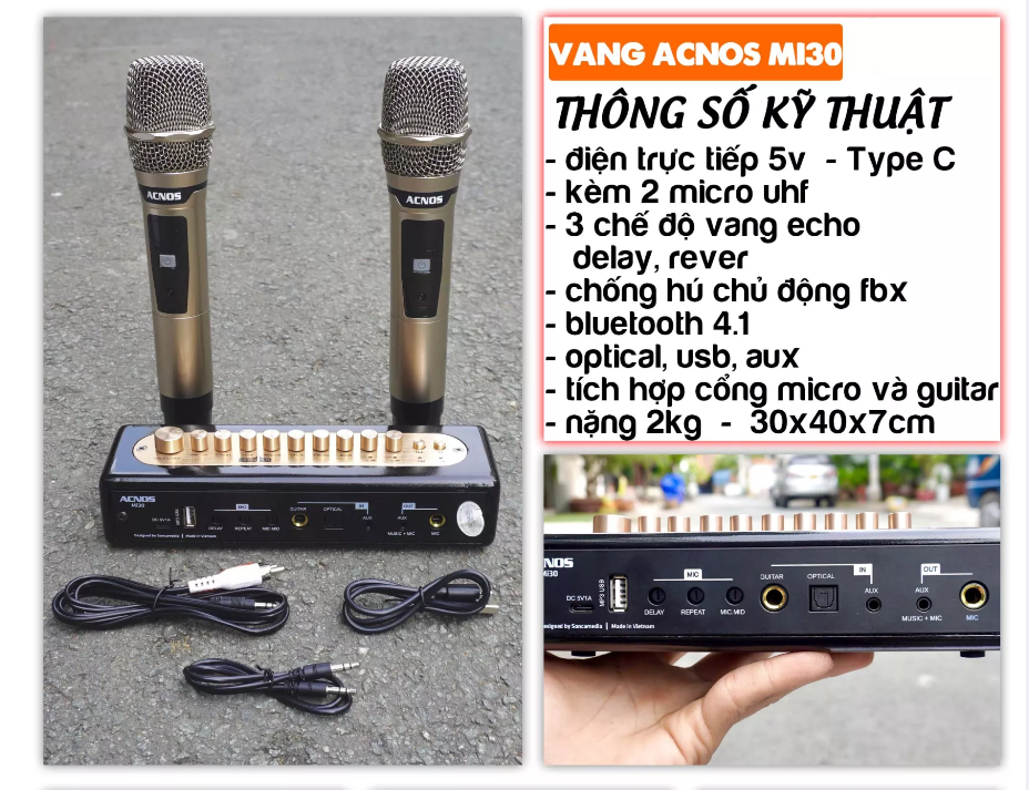 Vang Số Chỉnh Cơ Acnos Mi30S Chính Hãng- Micro Dùng Karaoke Gia Đình ,Ôtô, Loa Bluetooth - Kèm 2 MIRO Không Dây Sóng UHF Cao Cấp.Chống Hú FBX ,3 Chế Độ Vang, Echo, Reverb, Delay, ,Tích Hợp Bluetooth 5.0, USB,AUX, OPTICAL