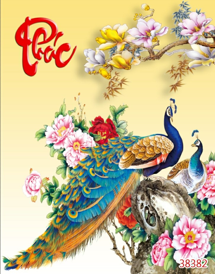 Tranh chim công phượng 3D dán tường, tranh dán phòng thờ, tranh dán quán cà phê trà sữa