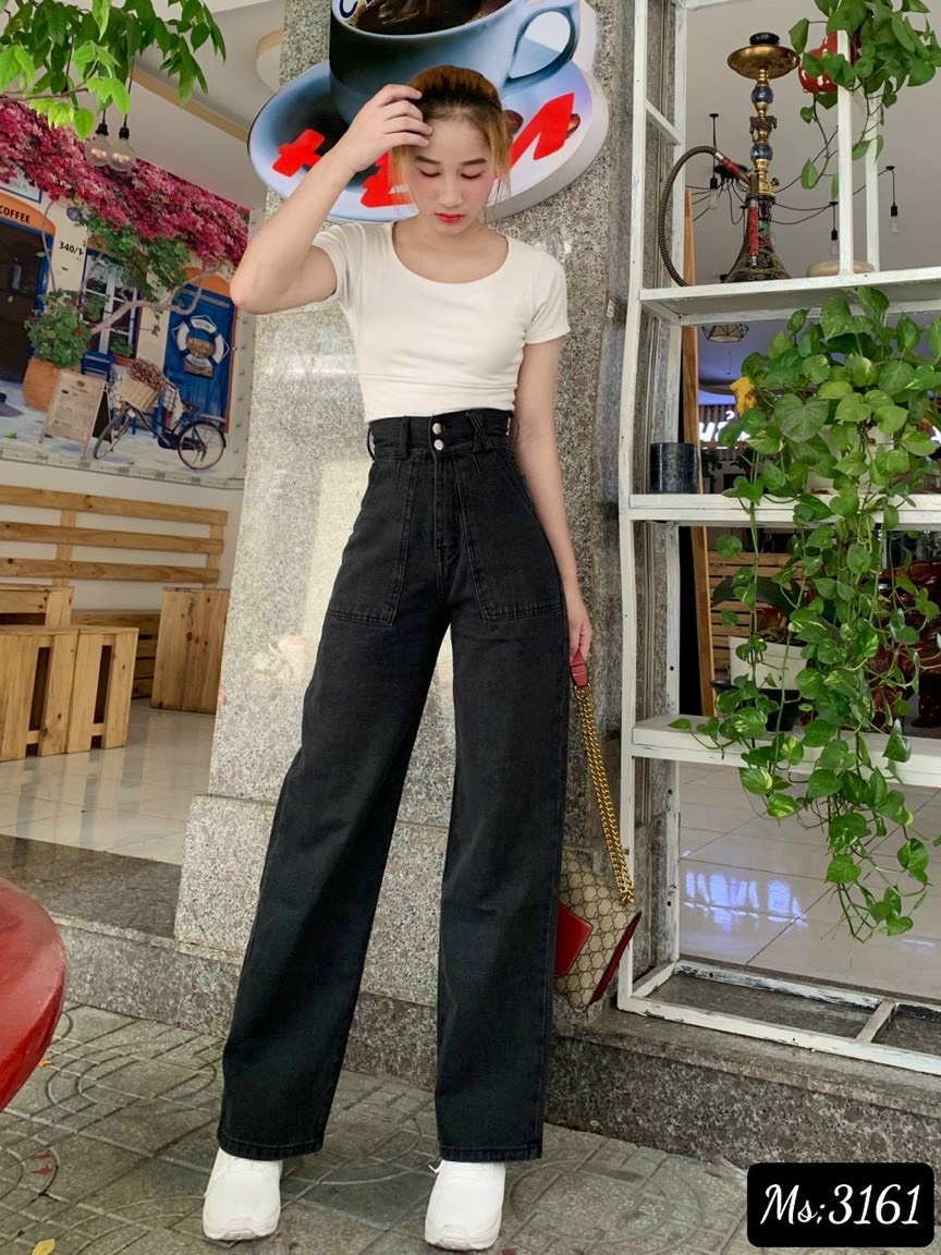 Baggy Jeans 2 Nút Túi Đắp Trước Dài 100cm