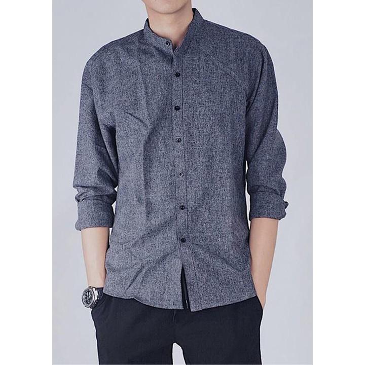 Áo sơ mi nam cổ tàu màu xám chất liệu vải xước cotton phù hợp đi học, đi chơi giá siêu khuyến mại