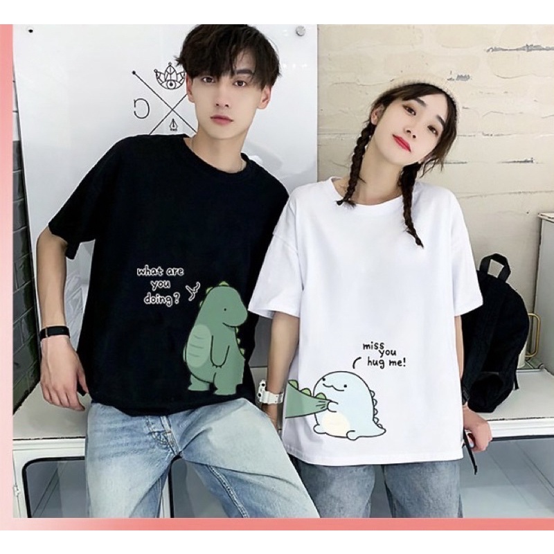 Áo phông cặp in hình khủng long dino cổ tròn tay ngắn