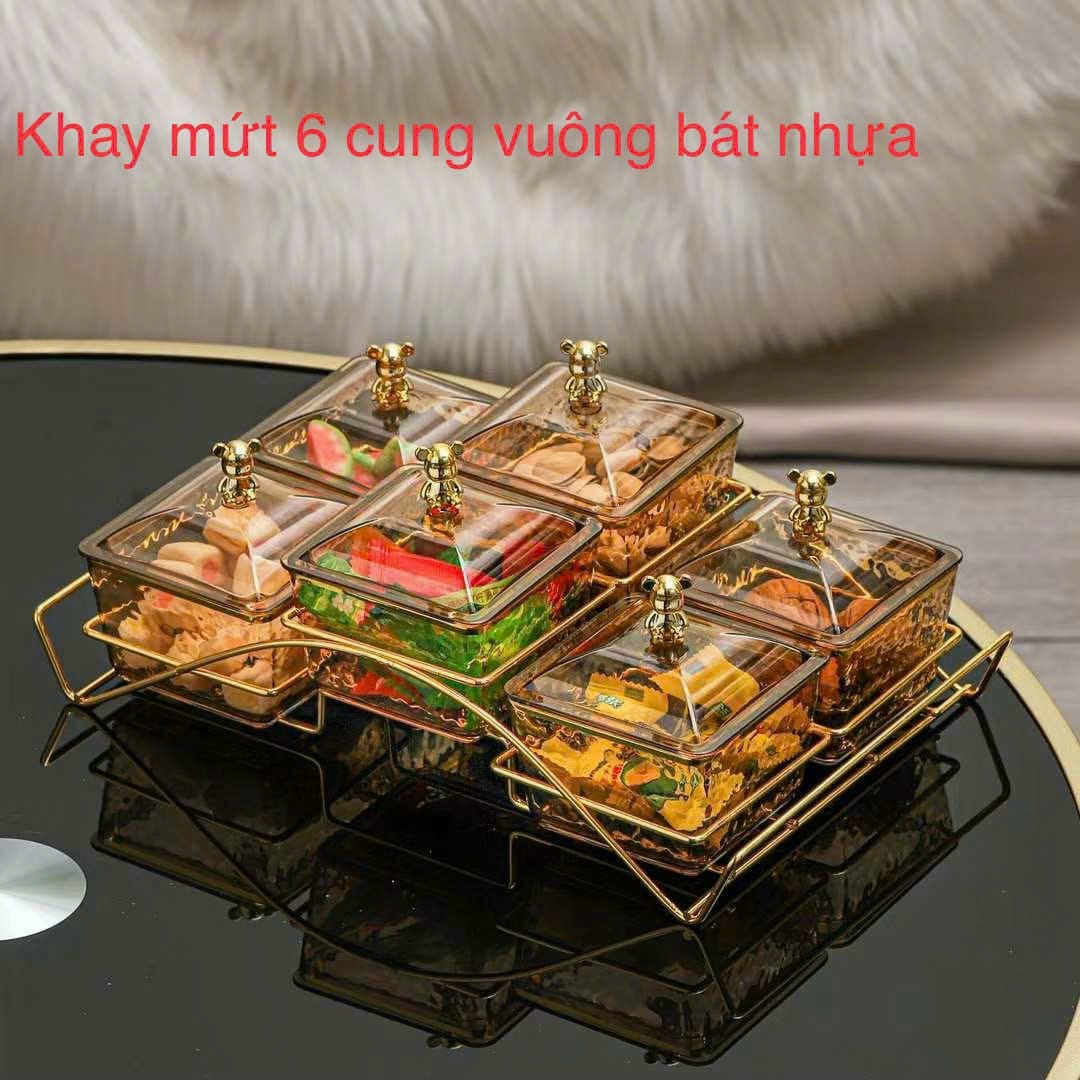 Bộ khay mứt nhựa vuông 6 ngăn có nắp đậy kèm khay kim loại siêu đẹp