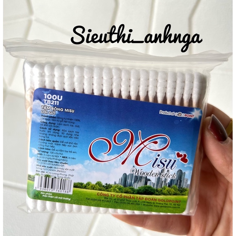 Tăm Bông  Cán Gỗ MiSu Túi 100 cây/200 cây