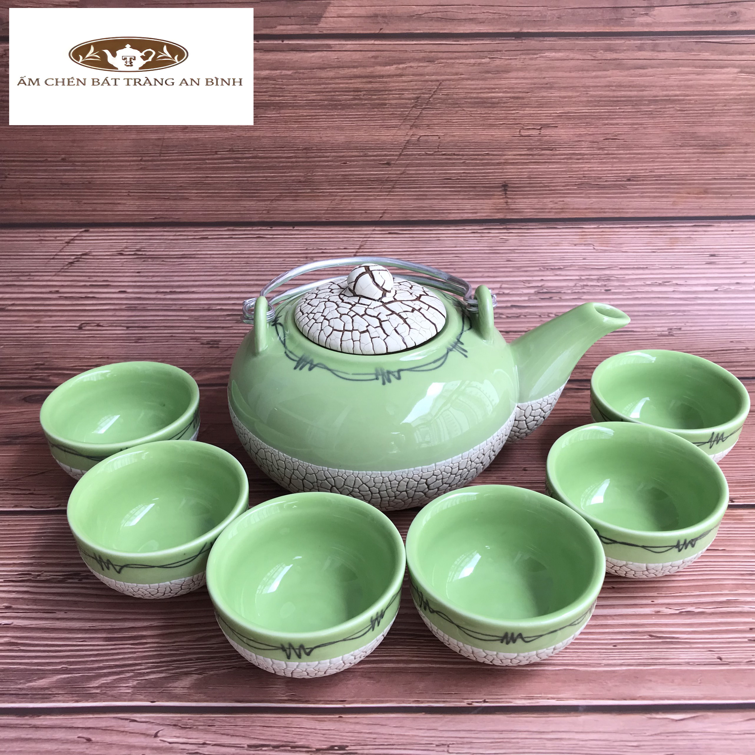 Bộ ấm chén gốm sứ Bát Tràng men Rạn Xanh Tròn
