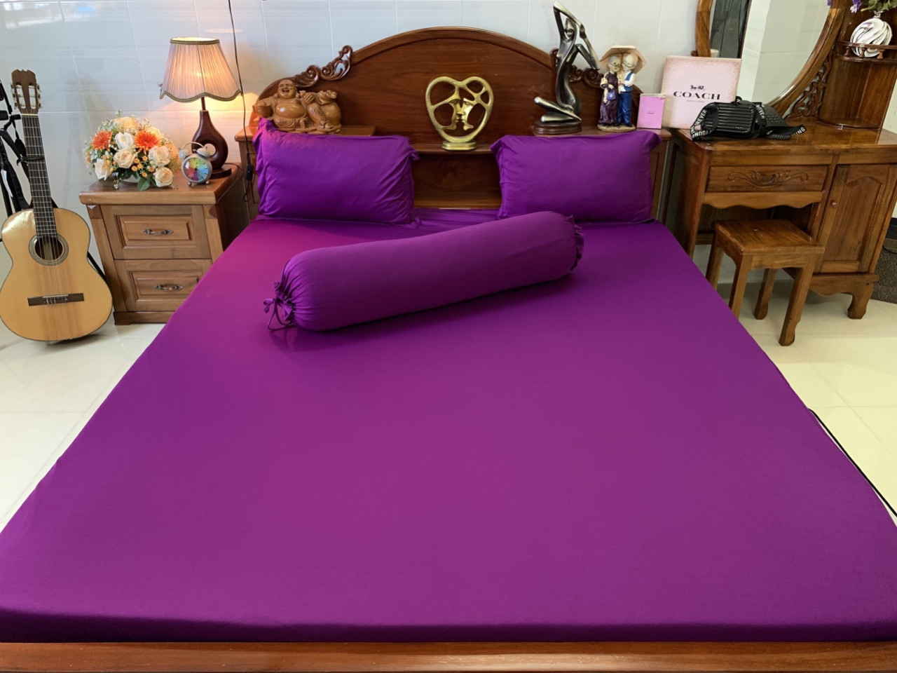 Bộ 4 món ga gối thun mát mềm cao cấp lan pham bedding - tím đậm