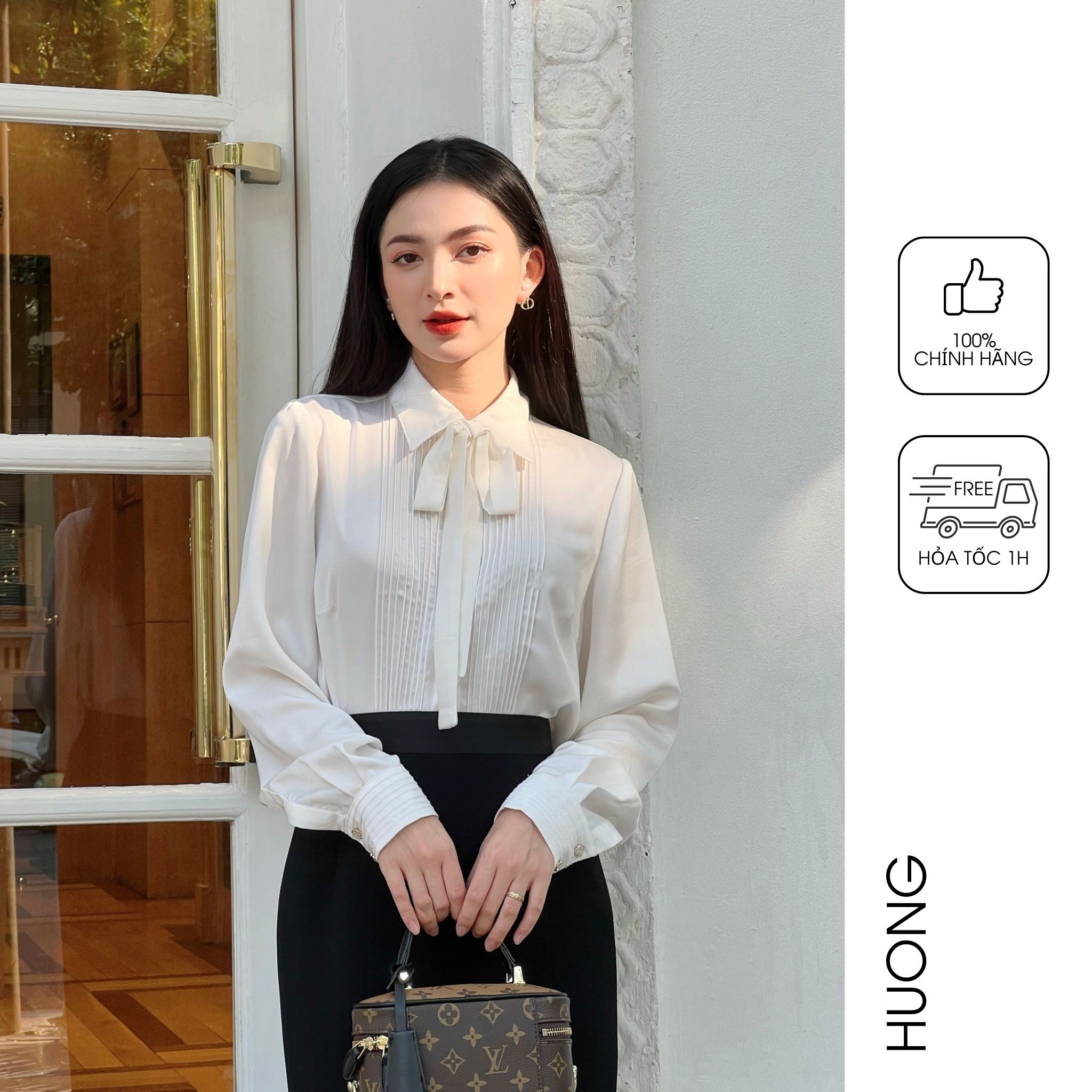 HUONG BOUTIQUE Áo lụa satin cổ đức mí gân HBSM1017