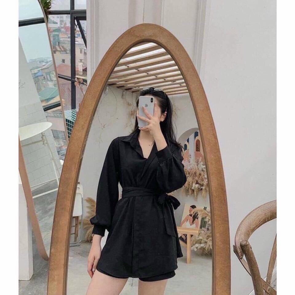 Sét bộ đồ nữ áo sơ mi cột dây eo màu đen