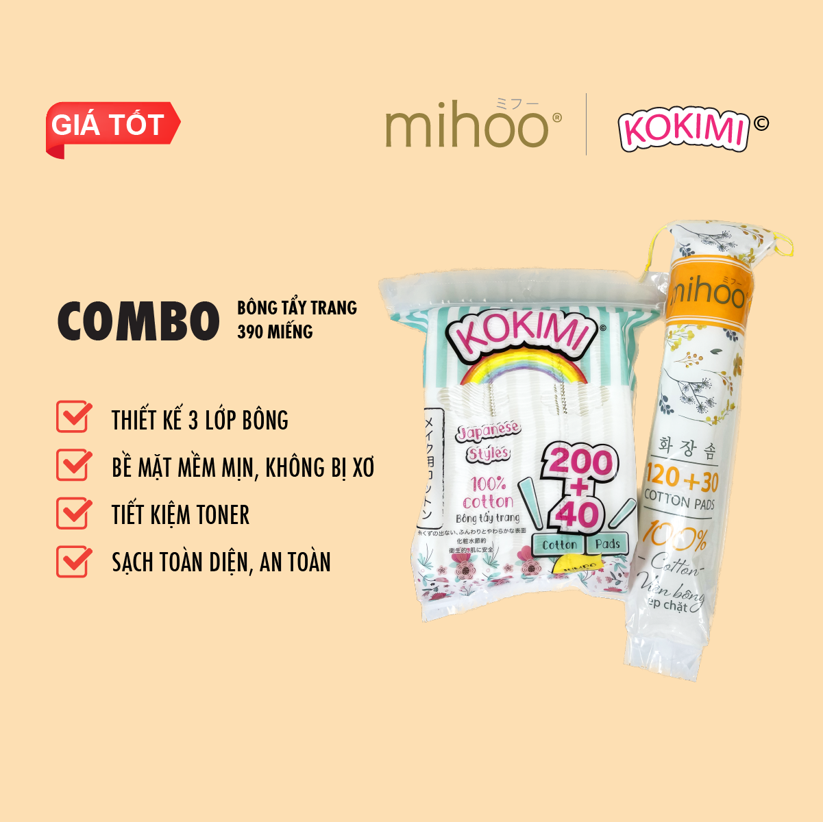COMBO bông tẩy trang Mihoo Kokimi 390 miếng