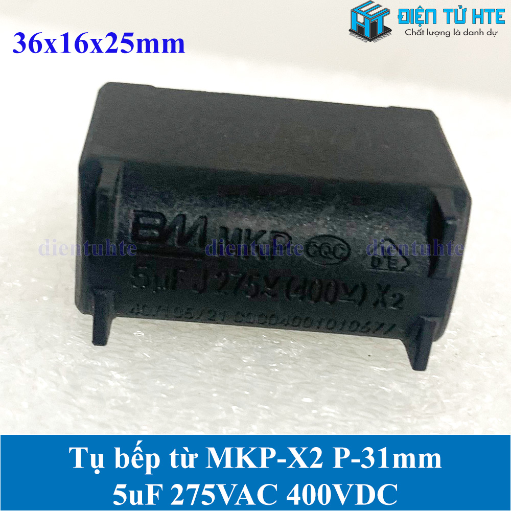 Tụ bếp từ mkp-x2 5uf 275vac 400vdc pitch 31mm đen size 36x16x25mm