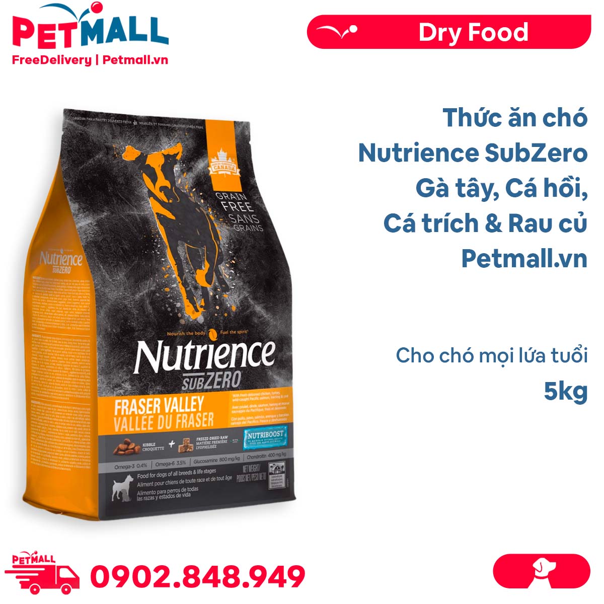 Thức ăn chó Nutrience SubZero 5kg - Gà tây, Cá hồi, Cá trích & Rau củ, cho chó mọi lứa tuổi Petmall