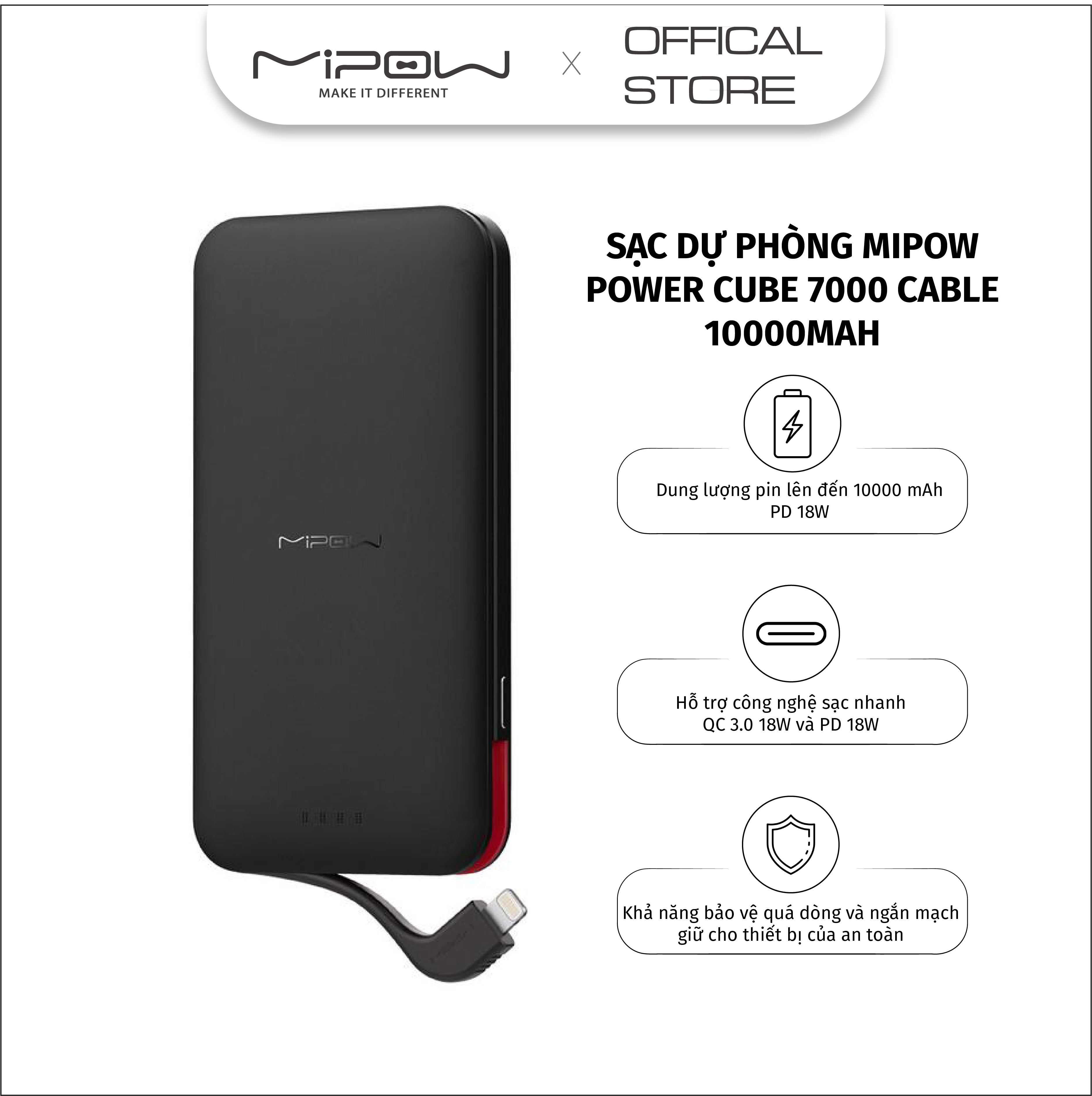 ĐẾ KIÊM PIN DỰ PHÒNG MIPOW POWER CUBE 7000 LIGHTNING CABLE - SPL08W