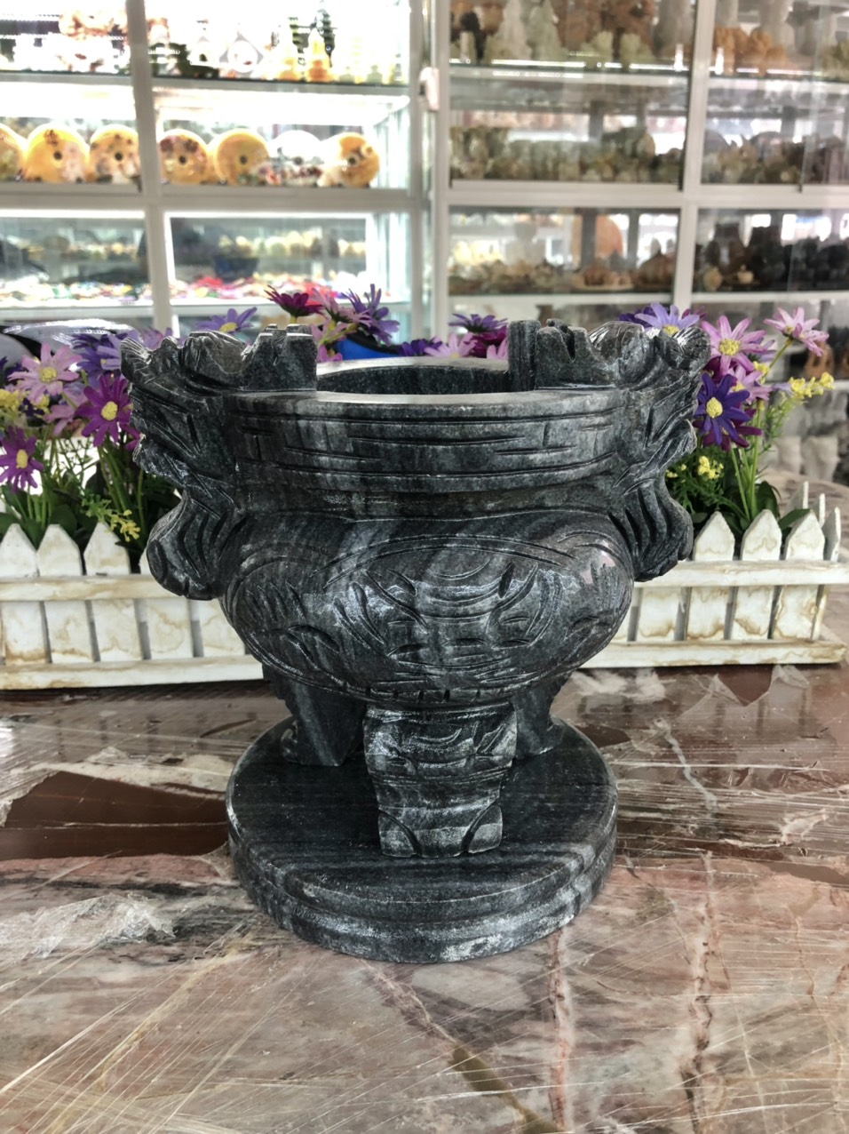 Lư hương, bát hương, bát nhang thờ cúng chạm rồng đặt bàn thờ, mộ đá cẩm thạch vân đen - Cao 20 cm