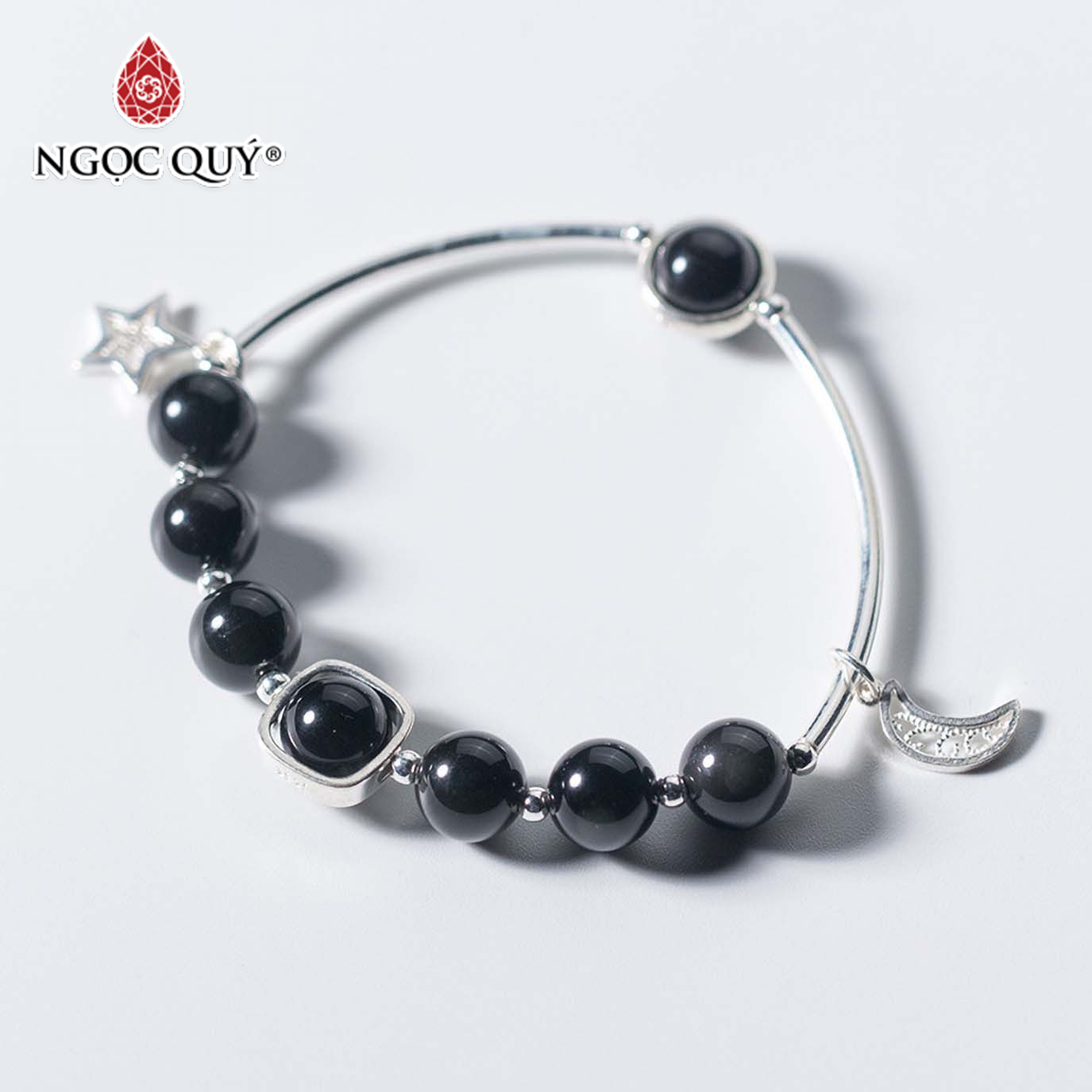 Vòng tay đá Obsidian phối charm trăng sao mệnh thủy mộc - Ngọc Quý Gemstones