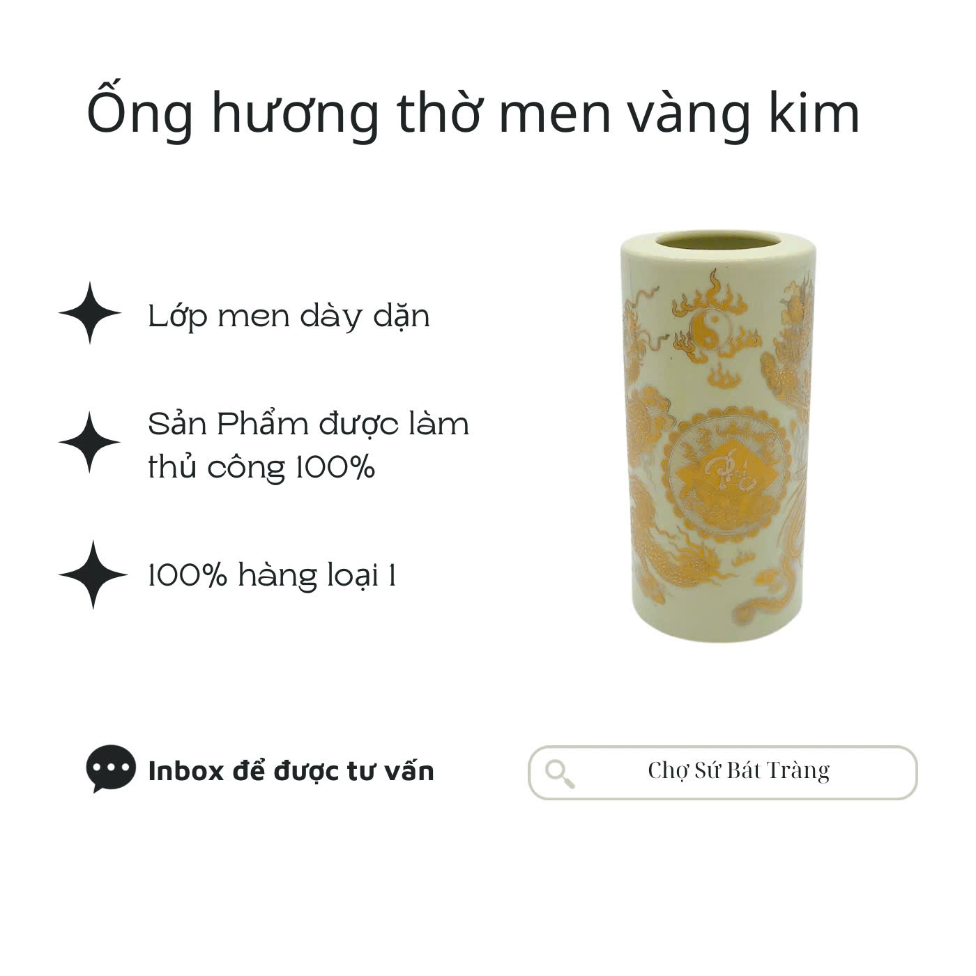 Ống hương thờ men vàng kim long phụng - Hàng loại 1 sắc nét - Chợ Sứ Bát Tràng