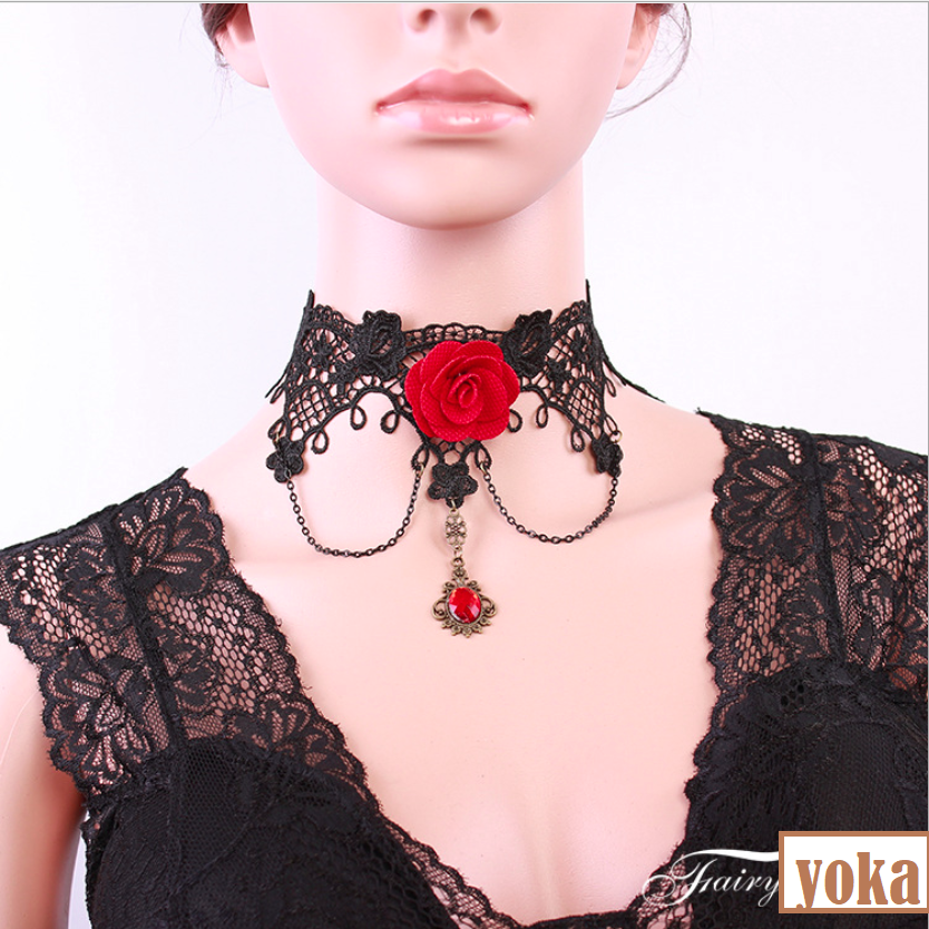 [HCM]Vòng cổ choker ren đen bông hồng đỏ phá cách