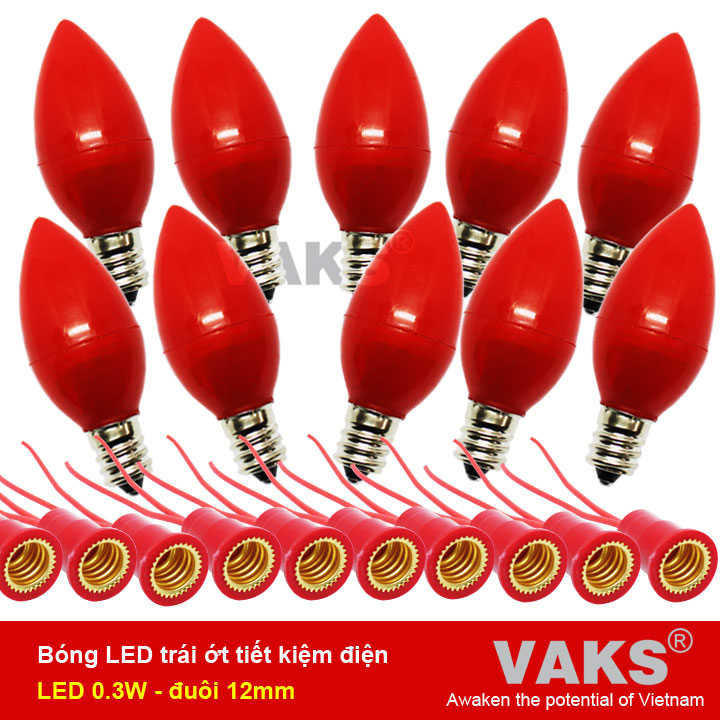 Bộ 10 bóng led trái ớt 1W, ánh sáng đỏ+ tặng kèm 10 đuôi E12