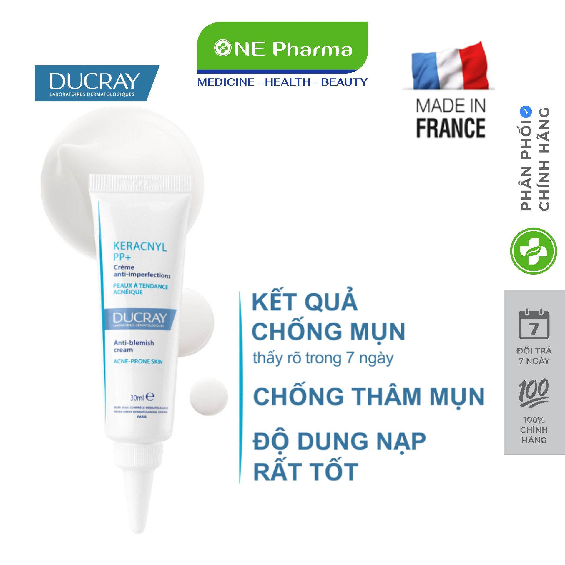 Kem làm giảm mụn, cân bằng dầu và mờ vết thâm Ducray Keracnyl PP+ 30ml