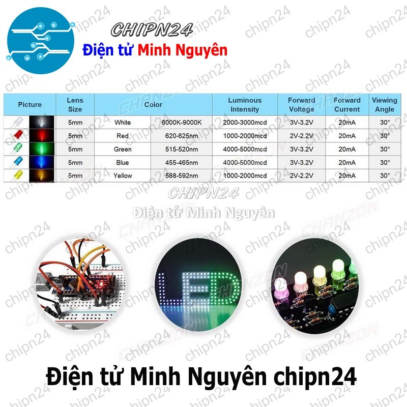 [50 con] (TK2) Led 5mm Vỏ Đục Màu ra Màu (Đỏ/Vàng/Xanh Lá/Dương/Trắng/Cam) - [Chọn Loại] - HHH.00164