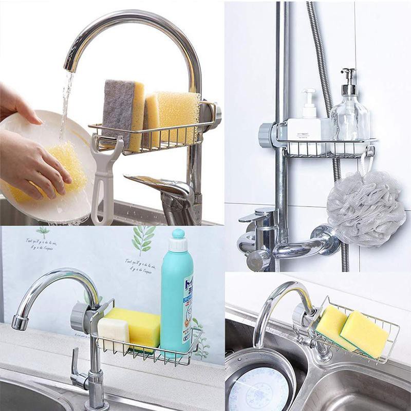 Giá để đồ cài cạnh vòi rửa bát tiện lợi sạch sẽ, Giá inox đựng lưới rửa bát cọ xoong bàn chải xà bông treo vòi nước bồn rửa bát, Kệ inox cài vòi rửa bát tiện lợi