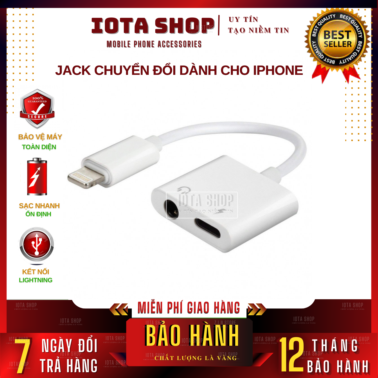 Cáp chuyển đổi Jack chia iphone từ lightning sang 2 cổng sạc lightning + tai nghe jack 3.5mm cho Iphone 7/7p/8/8P/X/11/12