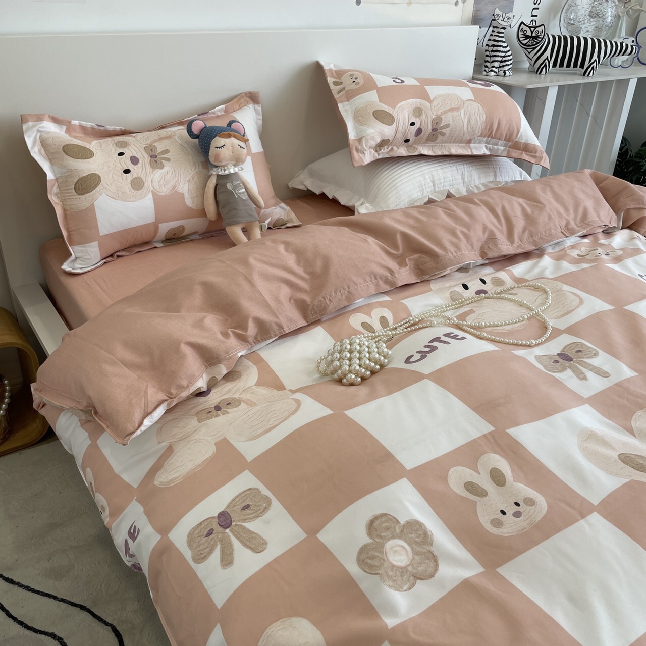Bộ chăn ga gối cotton poly - Mẫu gấu hồng