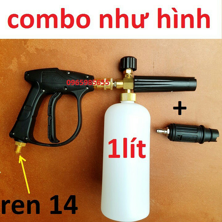 Bộ súng rửa xe và bình tạo bọt tuyết 1Lít cao cấp cho máy rửa xe áp lực cao, máy xịt rửa cao áp (Ren súng Ren ngoài 22mm hoặc 14mm)