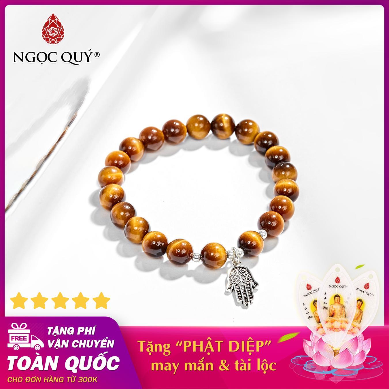 Vòng tay phong thủy đá mắt hổ vàng nâu phối bàn tay hamsa bạc 8mm mệnh thổ kim - Ngọc Quý Gemstones