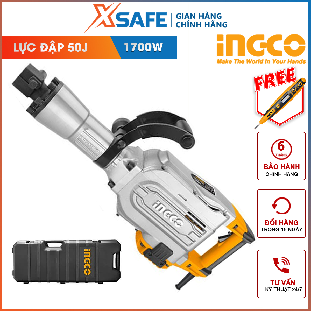 Punching machine concrete ingco PDB17008 | machine drill chisel 1700W, speed beating 1400 times/min, force beating 50J, top pair SDS hex, drill chisel breaking walls, concrete, hard material