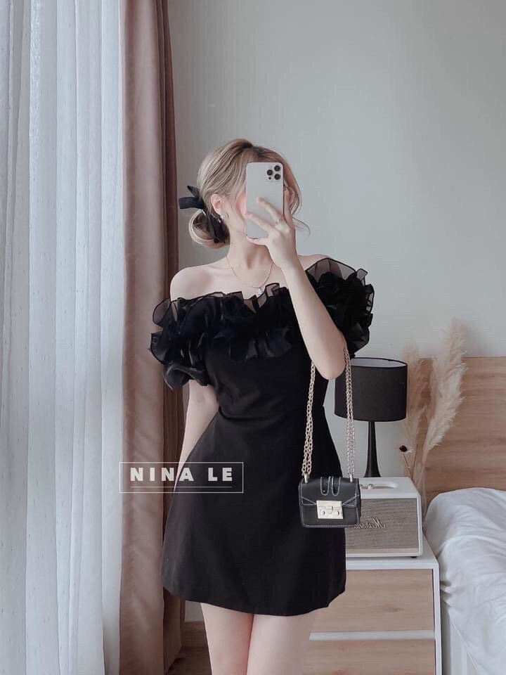 Đầm trễ vai ôm body tôn dáng, váy đi tiệc, đầm trễ vai dự tiệc màu đen, đầm body đi tiệc, váy body màu đen sang chảnh, đầm trễ vai bèo ôm tôn dáng