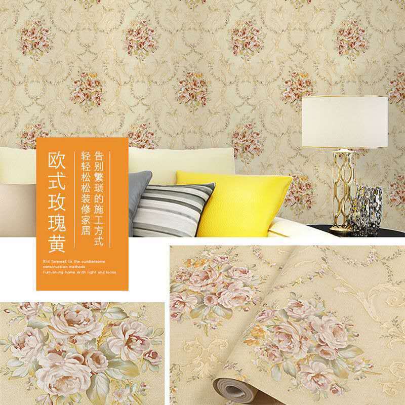 Giấy dán tường hoa hồng châu âu vàng ( cuộn dài 10m khổ rộng 45cm, có sẵn keo )