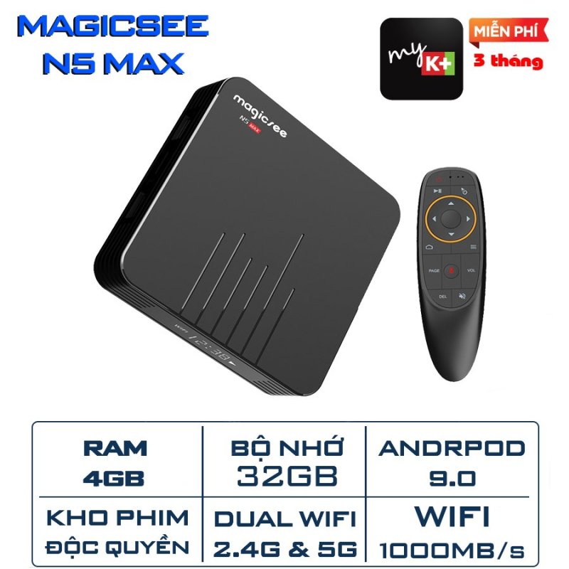 Android Tivi Box Magicsee N5 Max - Ram 4GB Rom 32GB Android 9.0 - Có Bản Rom ATV [ Phiên bản 2020 tặng khiển giọng nói google ]