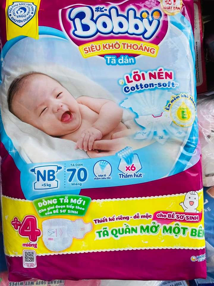 [MẪU MỚI] Bỉm/tã dán sơ sinh Bobby NB70+4 (74 miếng) cho bé 3-5kg . SỈ IB