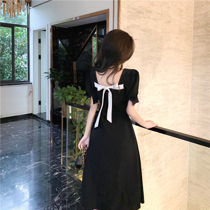 Đầm suông hoa viền đen cổ thắt nơ KK100-14 | Thời trang công sở K&K Fashion