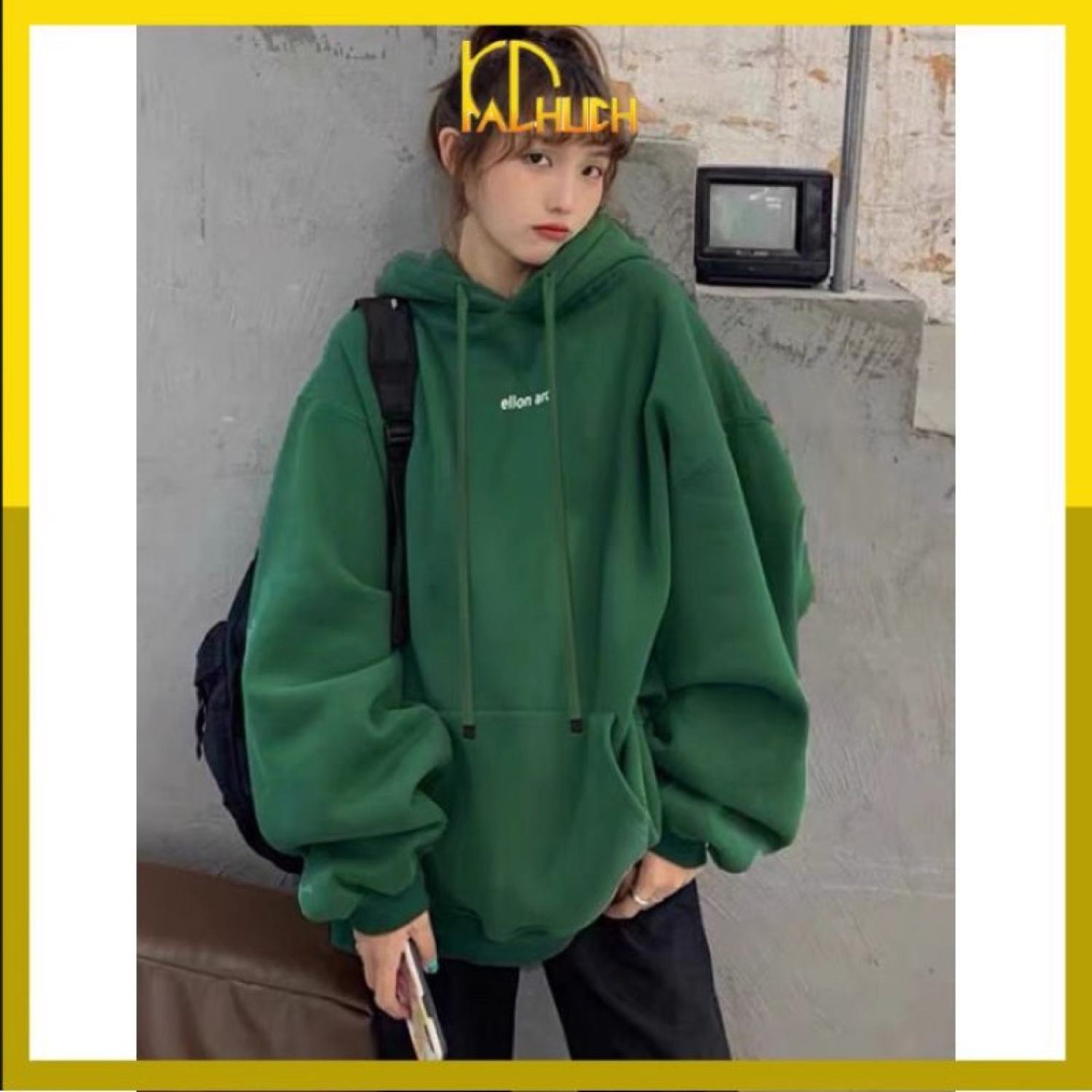 Áo khoác hoodie xanh lá in ellon arc , form rộng unisex 40-80kg