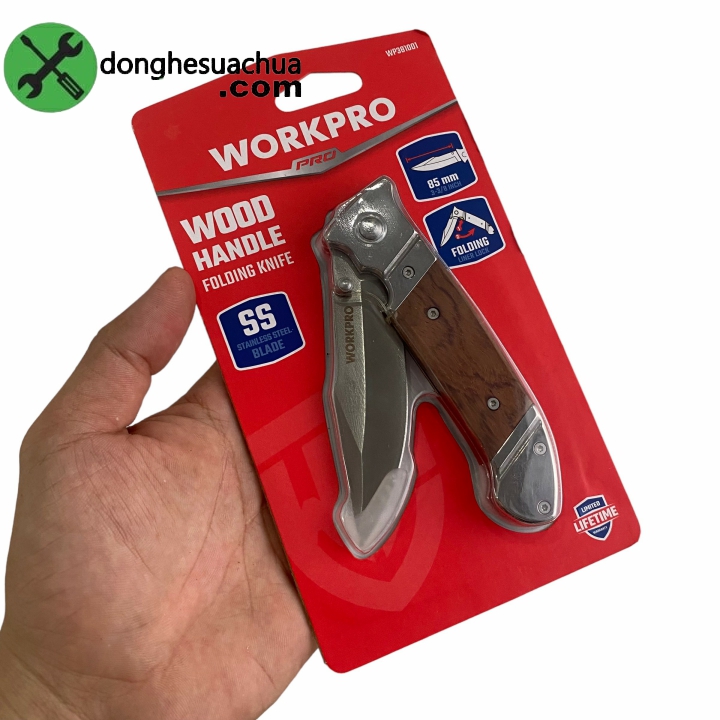 Dao tiện ích gấp gọn thép không gỉ cán ốp gỗ Workpro WP381001