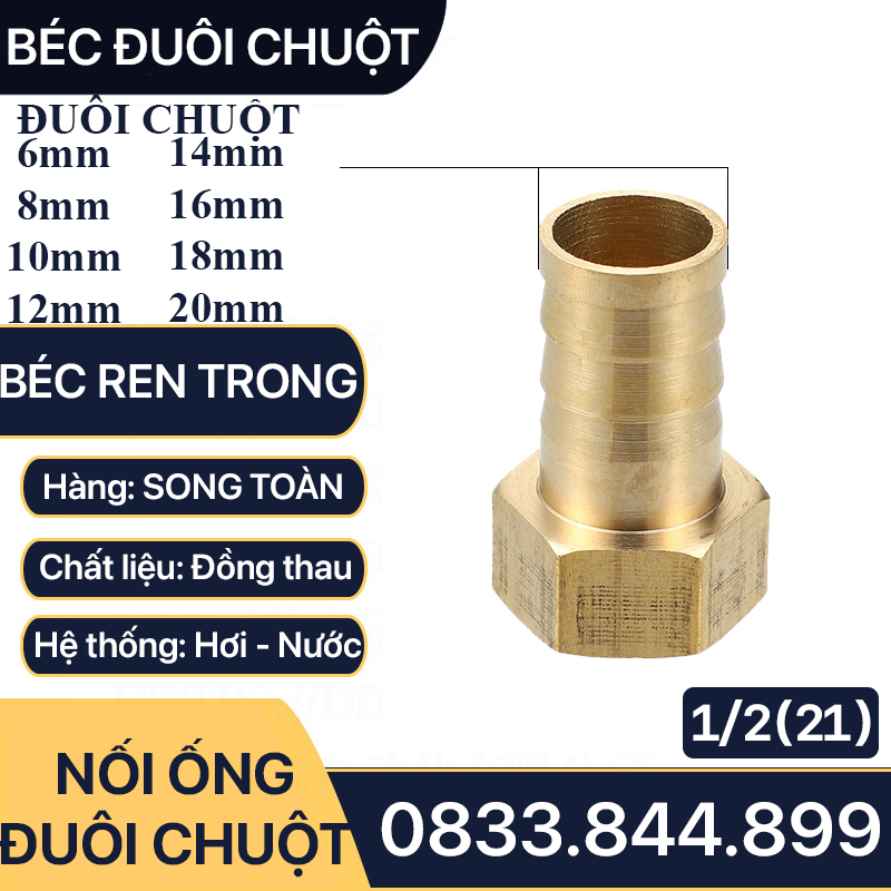 Đầu Nối Ren Trong 21 Đuôi Chuột Cắm Ống Mềm Lòng Trong Đồng Phi 6 8 10 12 14 16 18 20 - Brass Barbed Hose Fitting