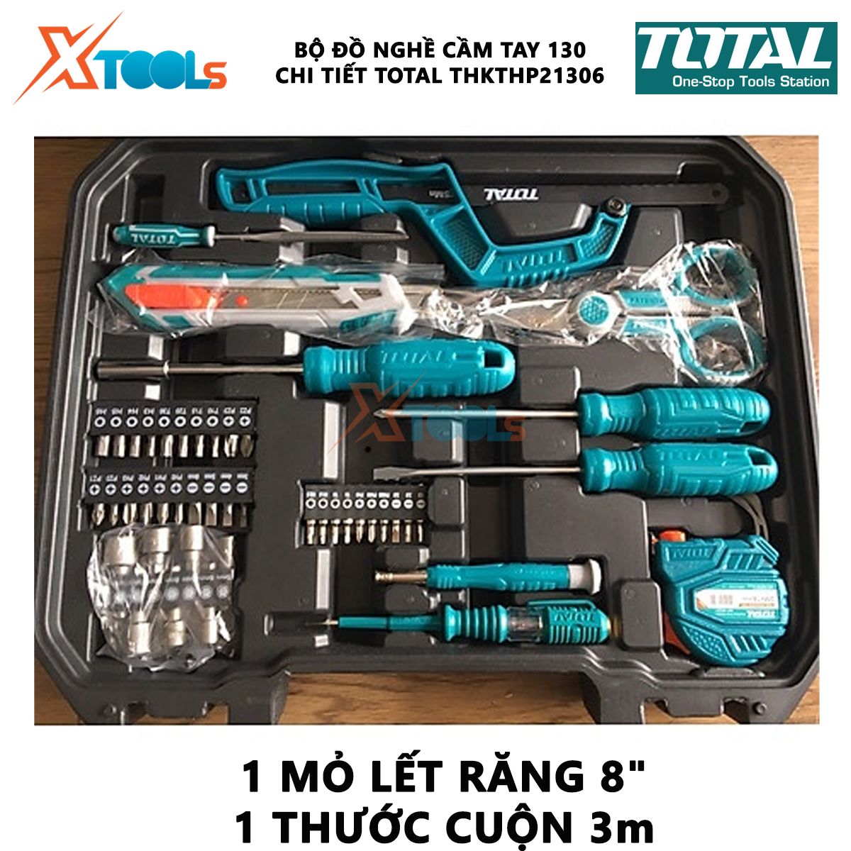 Bộ đồ nghề cầm tay 130 chi tiết TOTAL THKTHP21306 | bộ 117 dụng cụ cầm tay gồm thước cuộn, tua vít, khung cưa sắt nhỏ, kềm cắt...