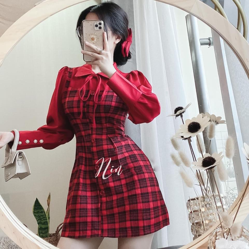 SET Quần + Đầm Sơ Mi Phối Màu Caro