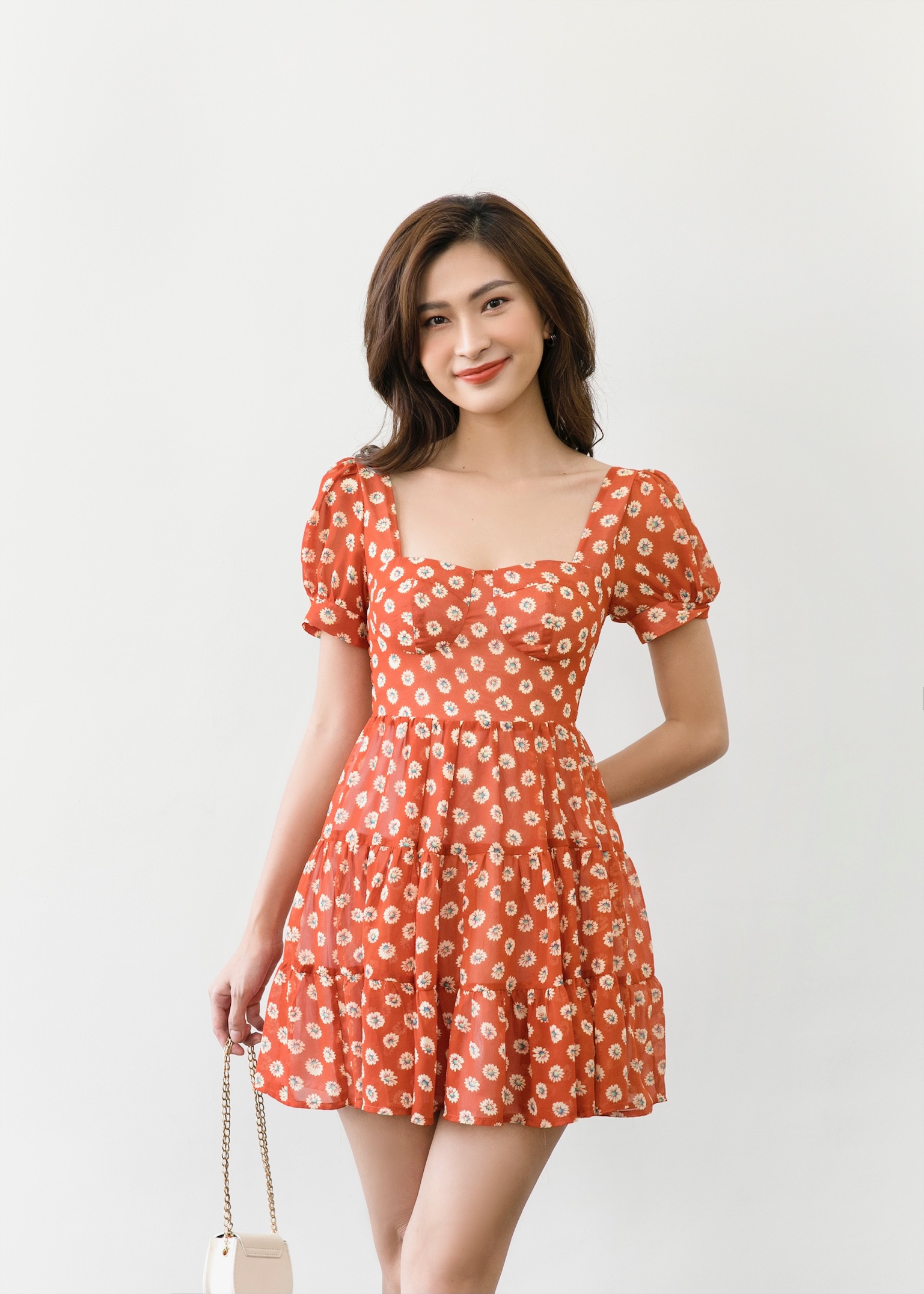 Đầm ngắn MIEU cúp ngực 3 tầng - HM07 (Cam/Kem)
