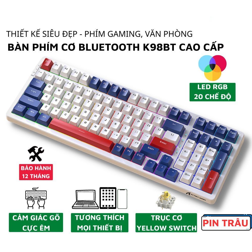 Bàn Phím Cơ Máy Tính Kết Nối Không Dây, Có Dây Cao Cấp K98BT Led RGB Nhiều Chế Độ Full Size Phím Cắt CNC Xuyên Sáng
