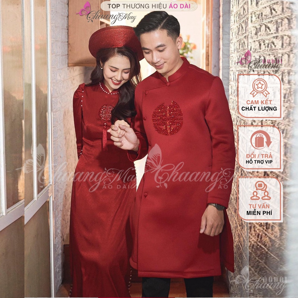 Áo dài cặp đôi nam nữ tay vai bồng đính chữ Hỷ pha lê Chaang may sẵn áo dài cưới cô dâu chú rể dự tiệc lễ tết đẹp ADC693