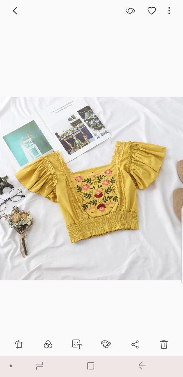 Áo Voan Kiểu Cổ Vuông Form Croptop Phối Tay Cánh Tiên In Hoa Thổ Cẩm Tiểu Thư TTS0852