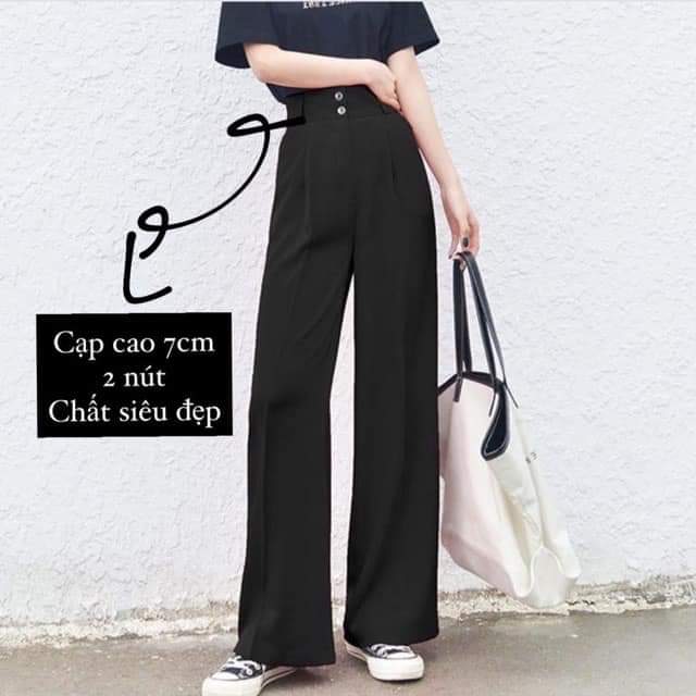 Quần ống rộng suông  đen lưng cao 2 khuy