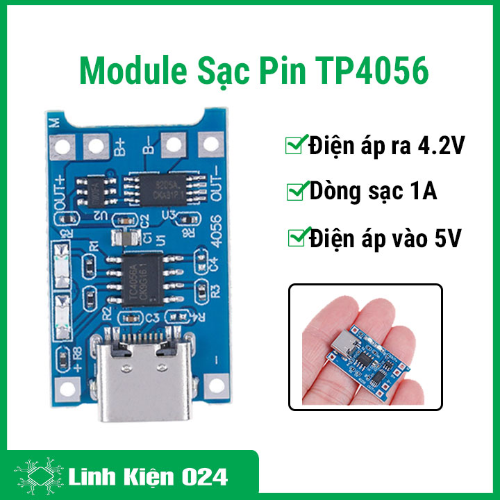 Module sạc pin TP4056 1A micro Type-C, bảo vệ quá dòng, quá áp, tăng cao tuổi thọ cho thiết bị, điều chỉnh được dòng sạc pin