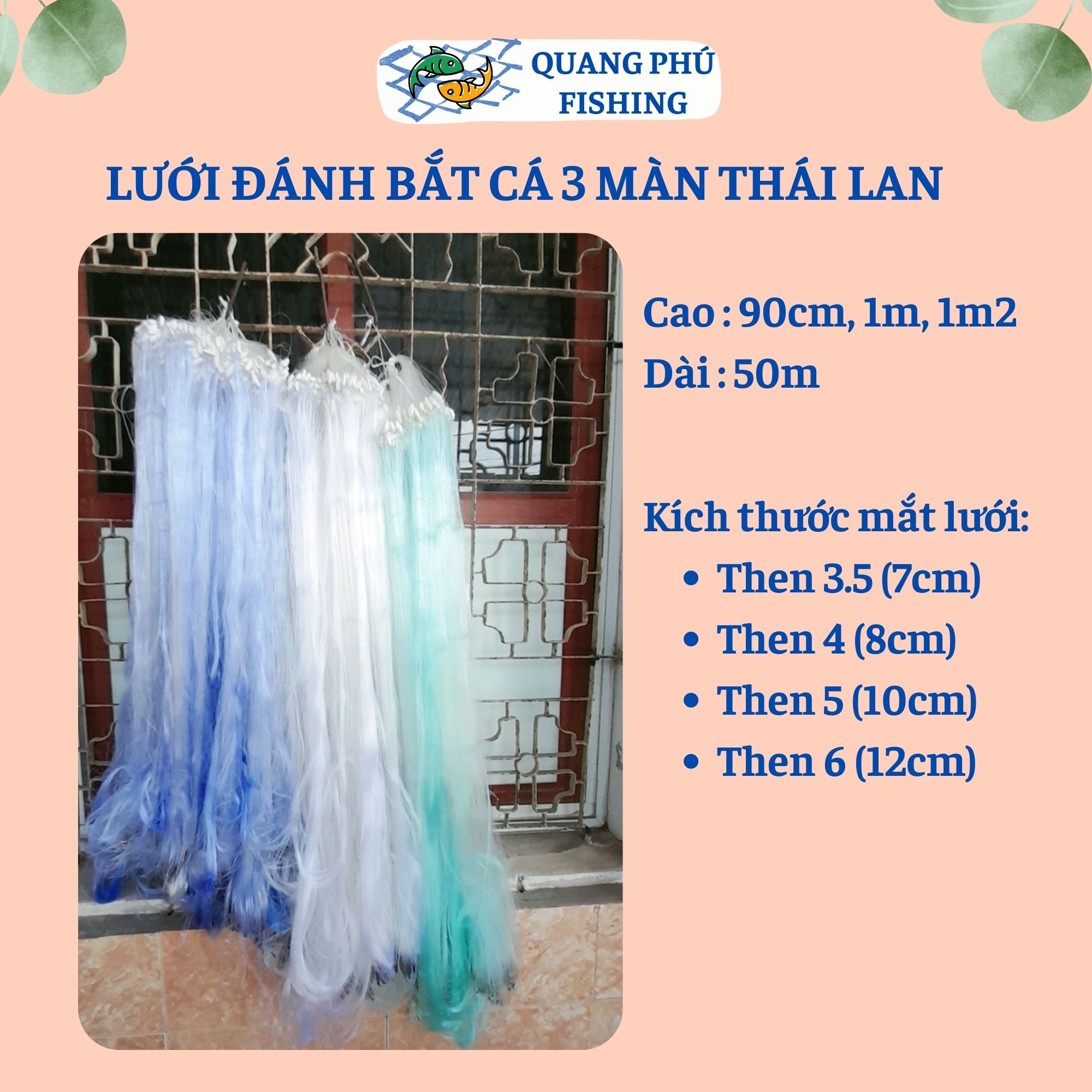 Lưới bắt cá sông 3 màn thái lan cao 90cm, 1m, 1m2, dài 50m then 3.5 , then 4 , then 5 , then 6 lưới đánh cá sông, hồ ao suối bắt cá trắm, cá chép, cá rô phi