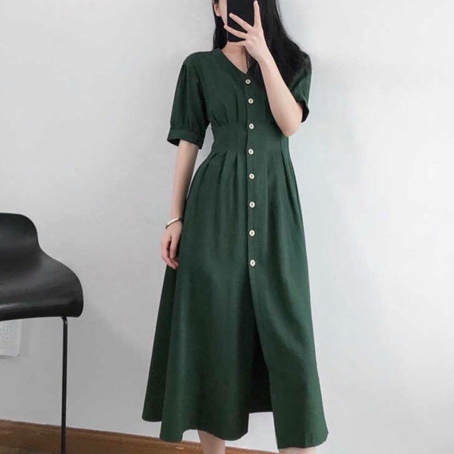 Đầm xanh lính xếp li